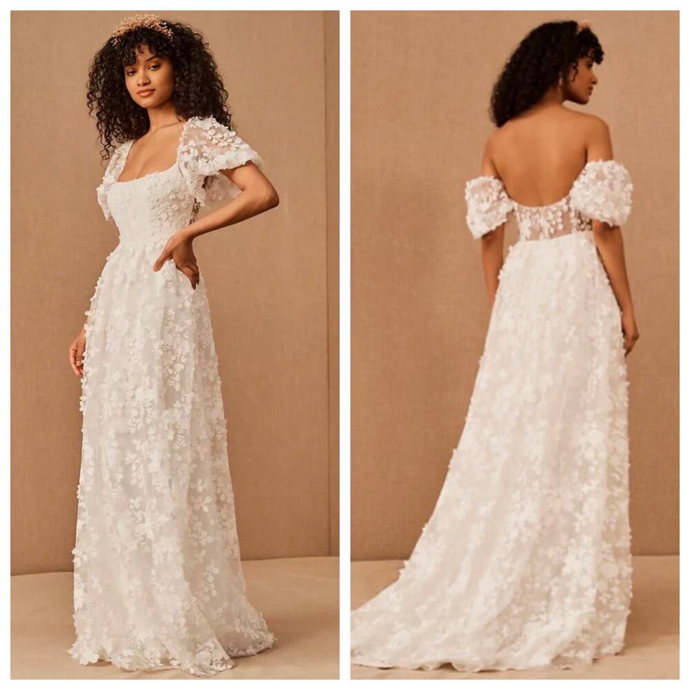 BHLDN WILLOWBY by Watters Lilia Floral Gown with Puff Shoulder Sleeves